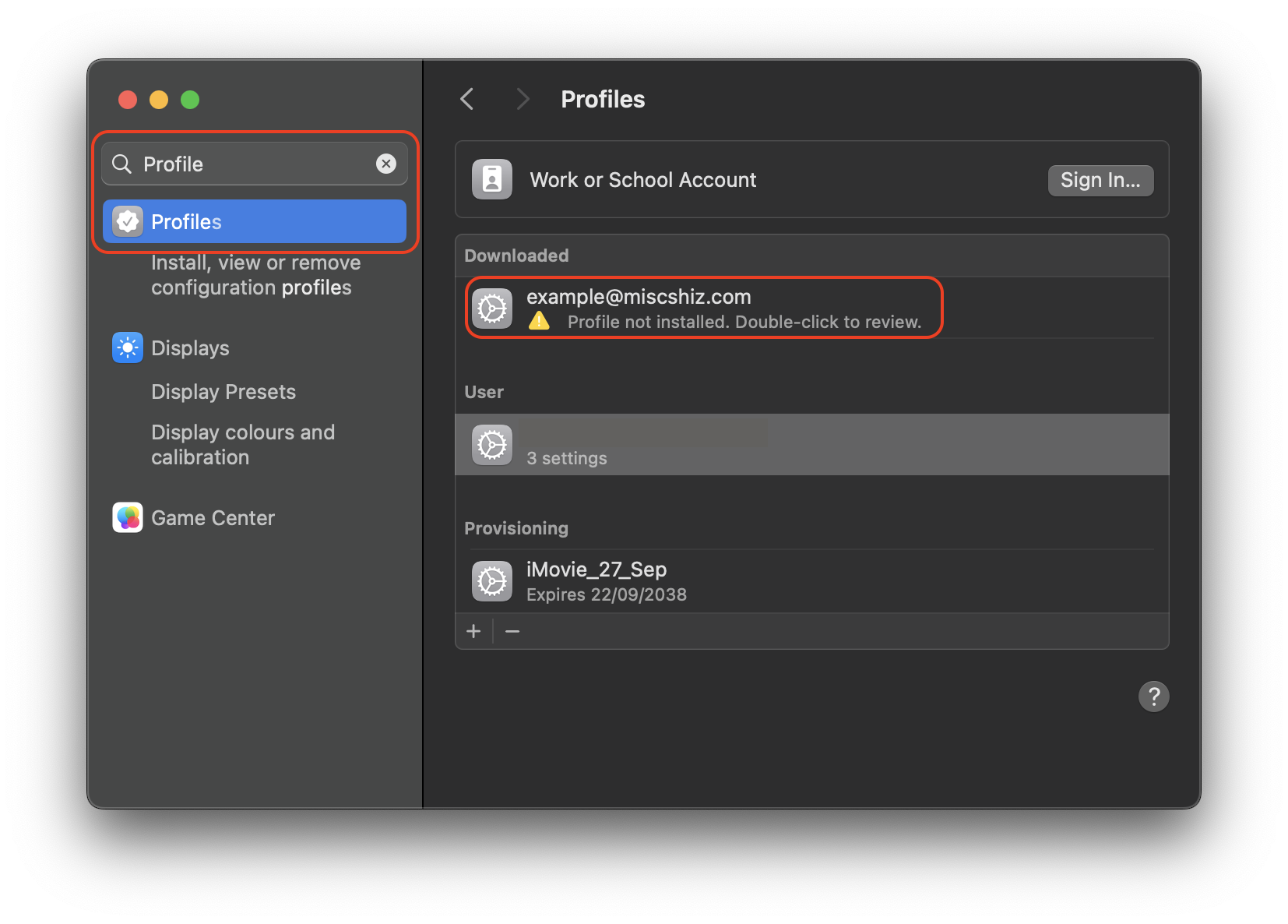 find new profile in profile settings